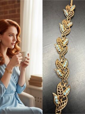Gold Tone Leaf Link Bracelet Blue Rhinestone Vintage Style
